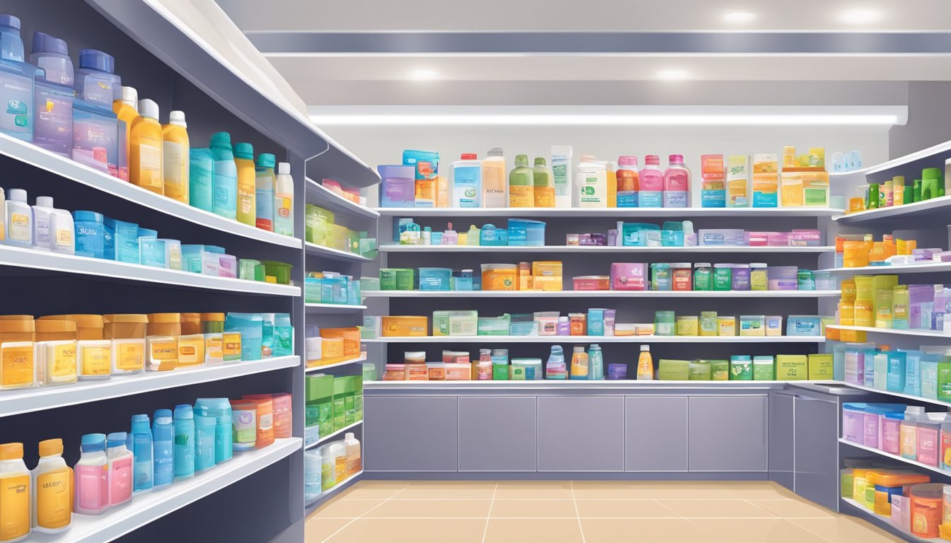 A colorful display of cationorm products on shelves with a prominent "Where to Buy" sign in a Singapore pharmacy