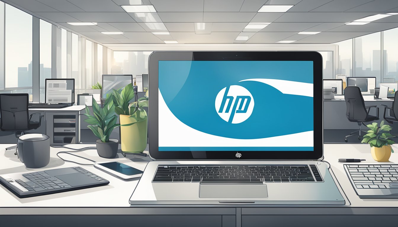 A laptop with the HP logo displayed prominently, surrounded by various electronic devices and a sleek, modern office setting