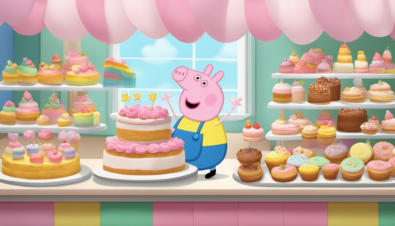 A bakery display showcases a colorful Peppa Pig cake in Singapore