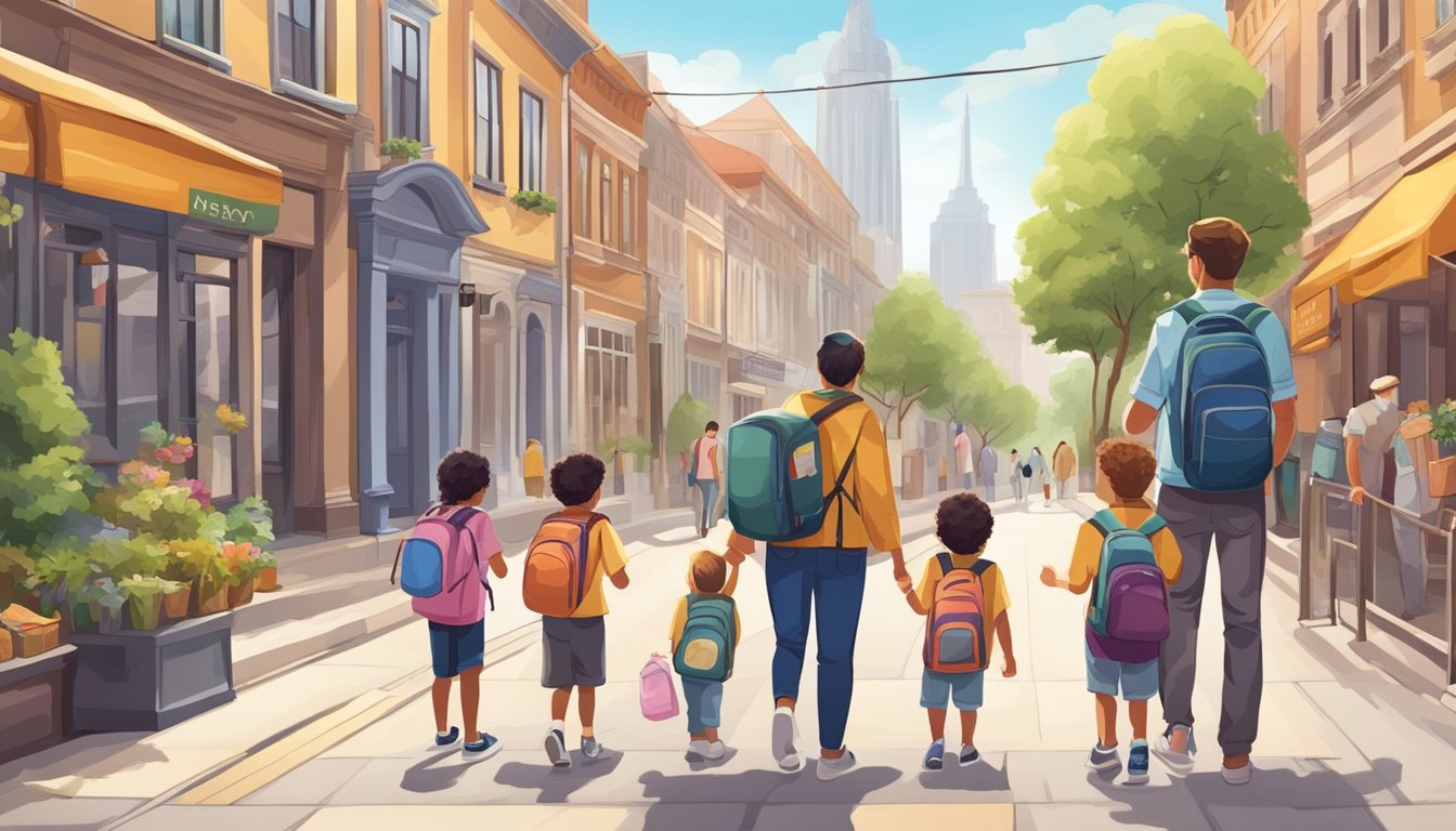 A family packs light, carries backpacks, and uses public transportation to explore a new city. They enjoy street food and visit free attractions to save money