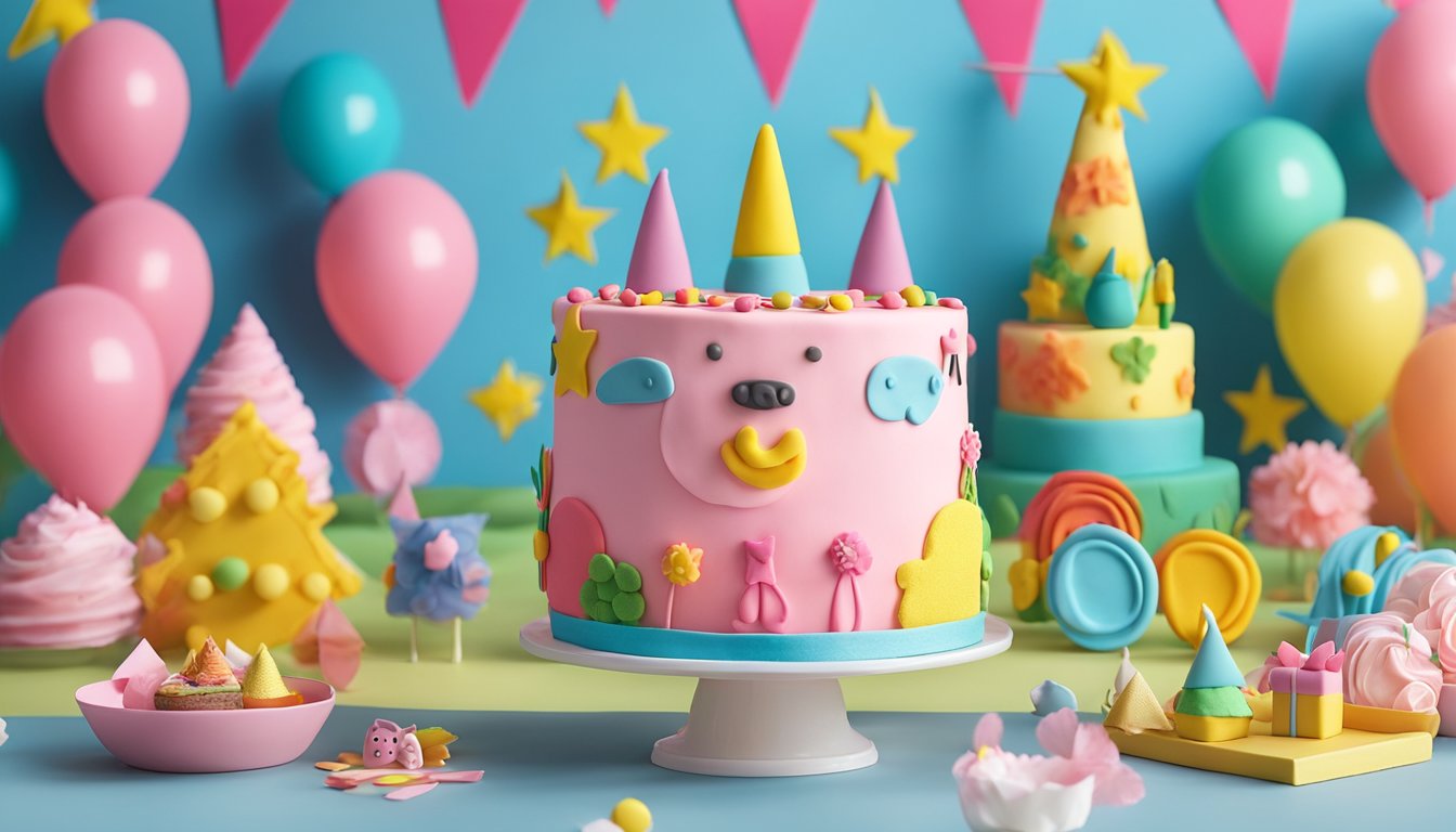 A colorful Peppa Pig cake sits on a table with a backdrop of party decorations. The cake is adorned with Peppa Pig figurines, surrounded by vibrant icing and edible decorations