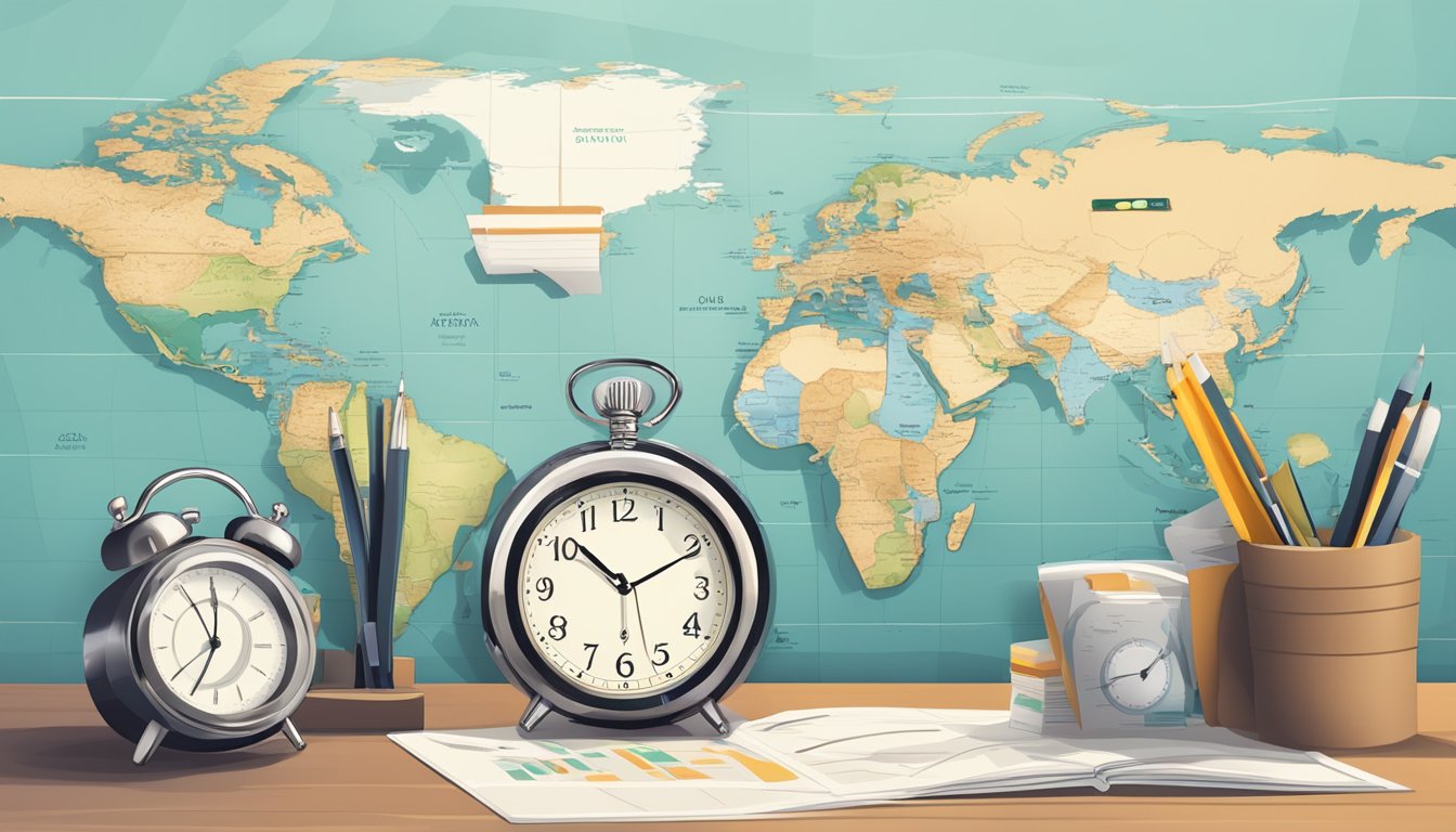 A clock with travel destinations, a map, and a budget planner on a table