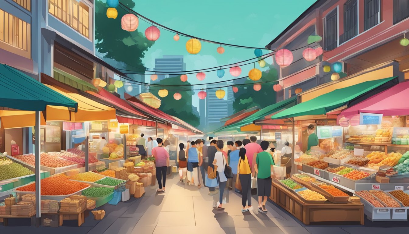 A bustling market stall displays colorful souvenirs and traditional snacks in Singapore