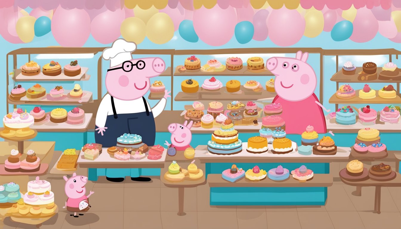 A bakery display with a variety of Peppa Pig themed cakes, surrounded by customers asking about purchasing options in Singapore