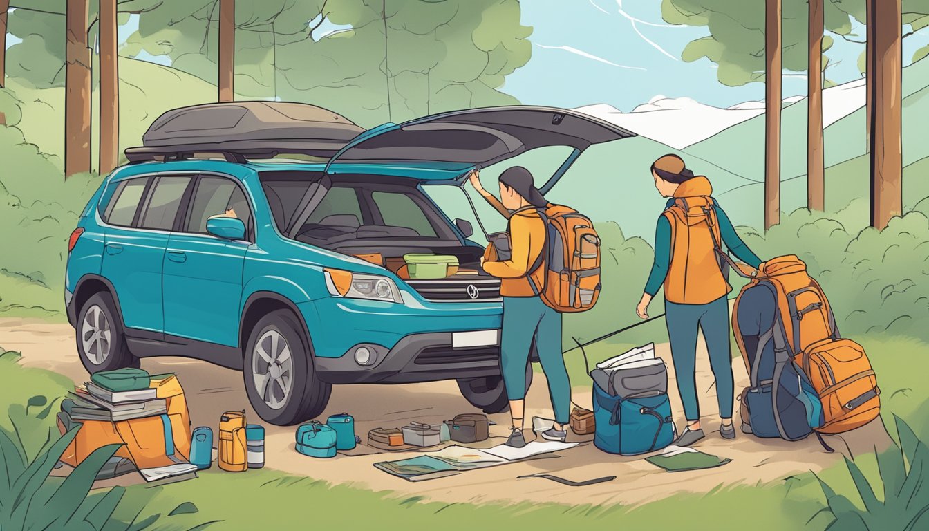 A family packs a small tent and camping gear into a car, with a map and guidebooks in hand, ready for a budget-friendly travel adventure