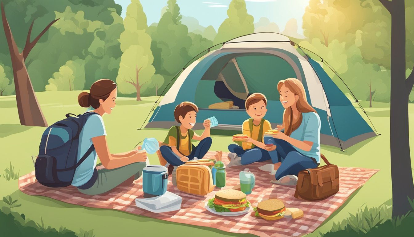 A family picnicking with homemade sandwiches and reusable water bottles in a scenic park, surrounded by budget-friendly camping gear and a map