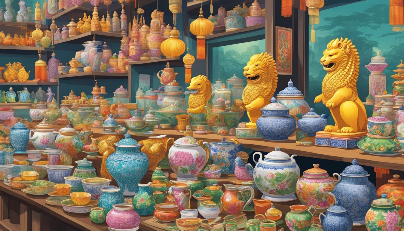 A colorful display of iconic Singaporean souvenirs, including Merlion figurines, Peranakan-inspired trinkets, and traditional Chinese tea sets, fills a bustling market stall