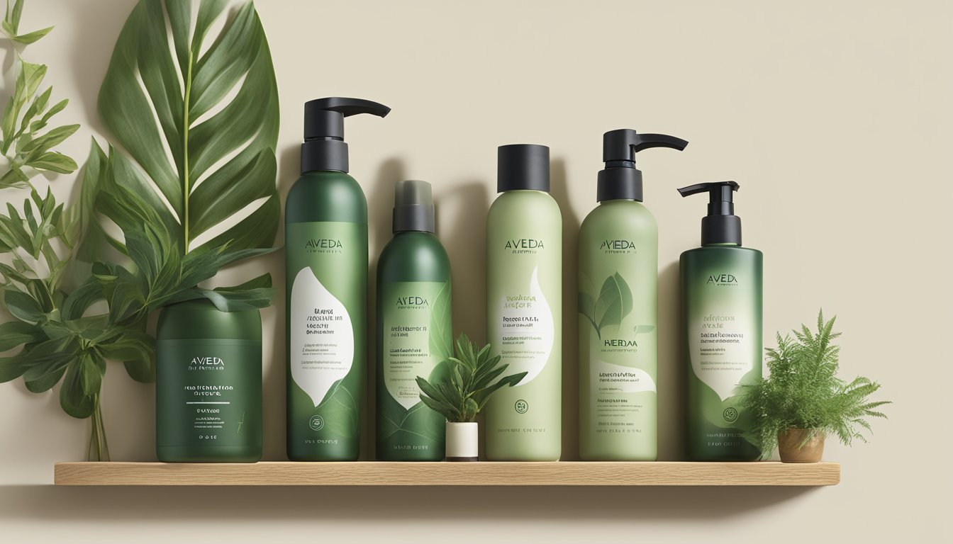 Aveda's natural hair care products arranged on a wooden shelf, surrounded by lush green plants and soft natural lighting