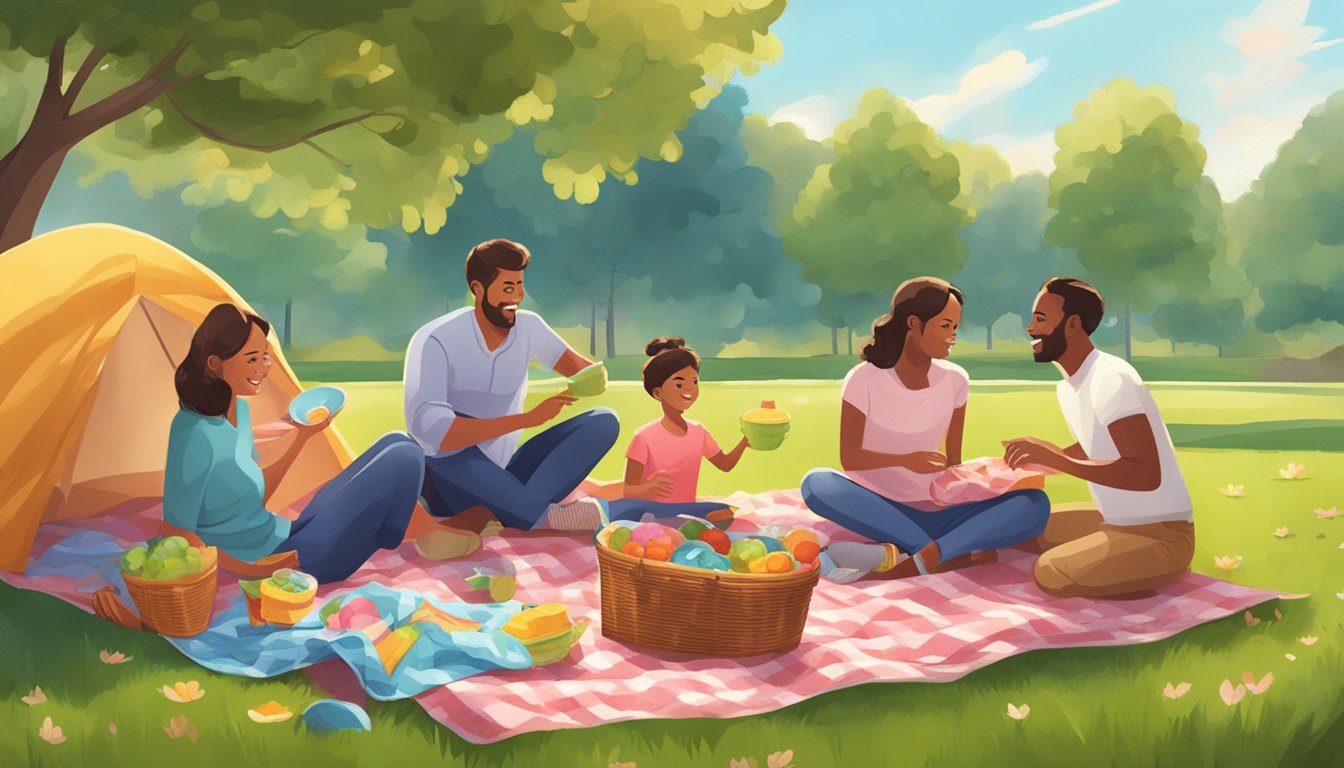 A family picnicking in a park, with a colorful blanket spread out on the grass, a picnic basket, and a frisbee flying through the air