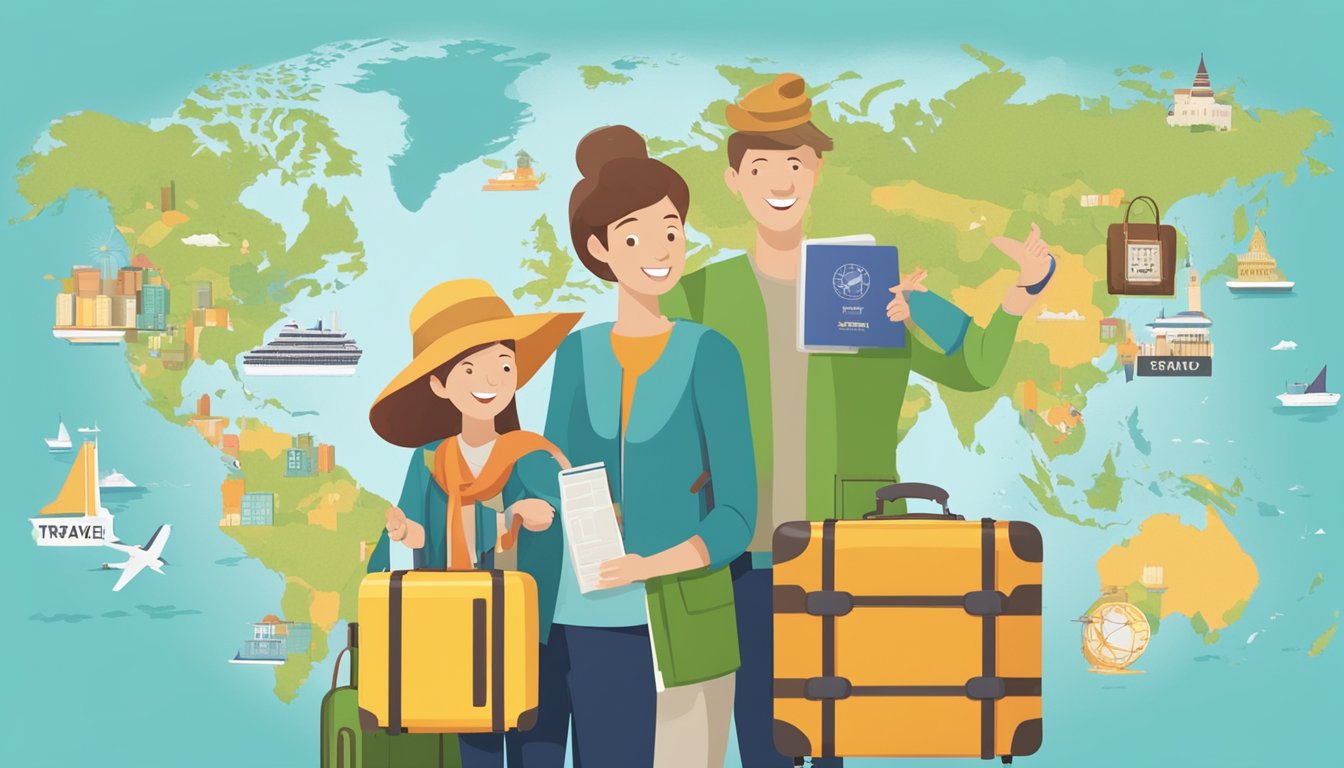 A family stands in front of a world map, surrounded by suitcases and travel guides. They are smiling and pointing at different destinations, while a "Travel Smarter with Rewards and Discounts" sign hangs above them
