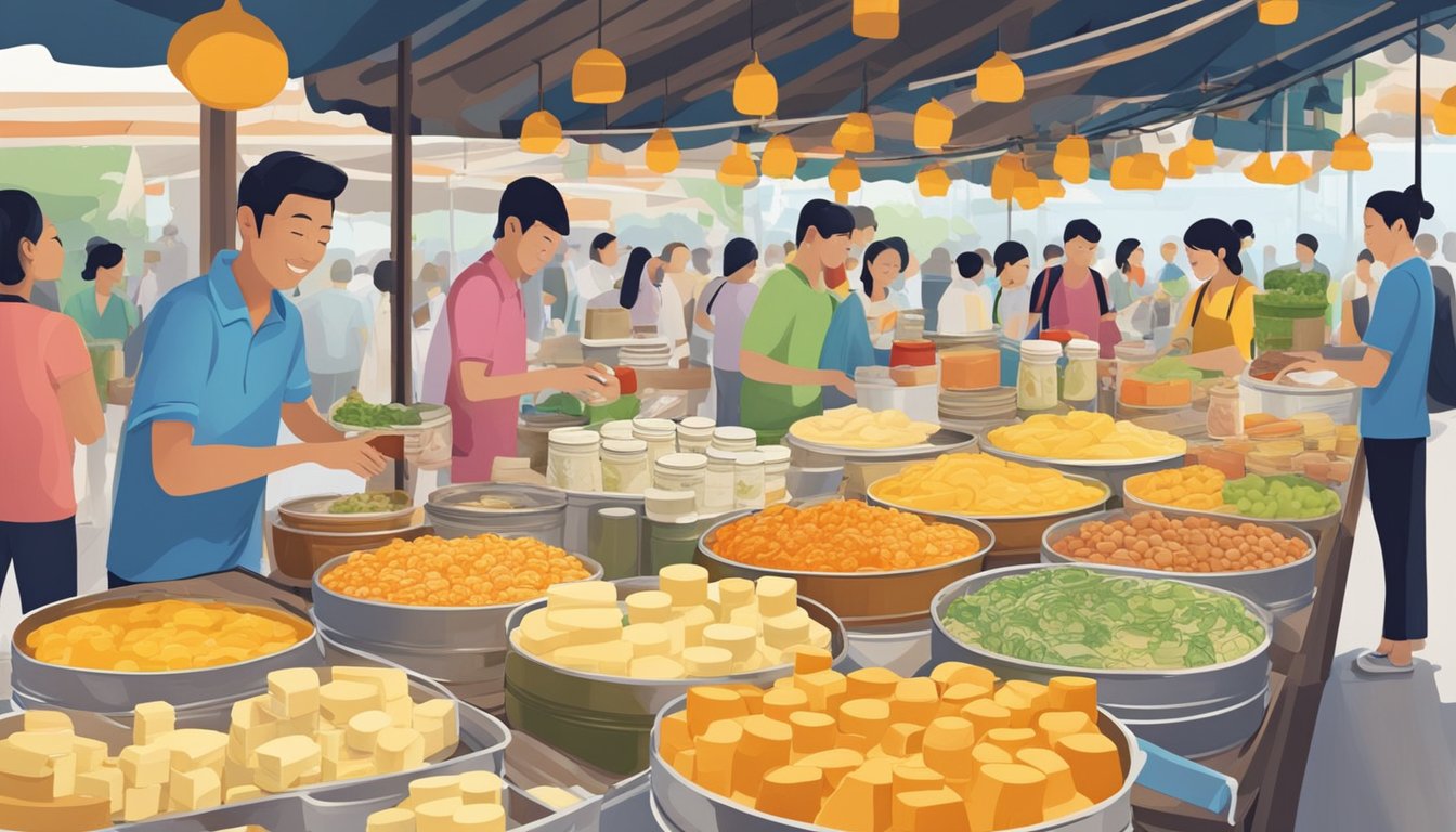 A bustling Singapore market stall displays an array of cheese sauces in colorful jars, with vendors offering samples to eager customers