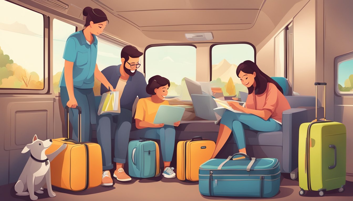A family packing light, choosing budget accommodations, and booking affordable transportation for their trip