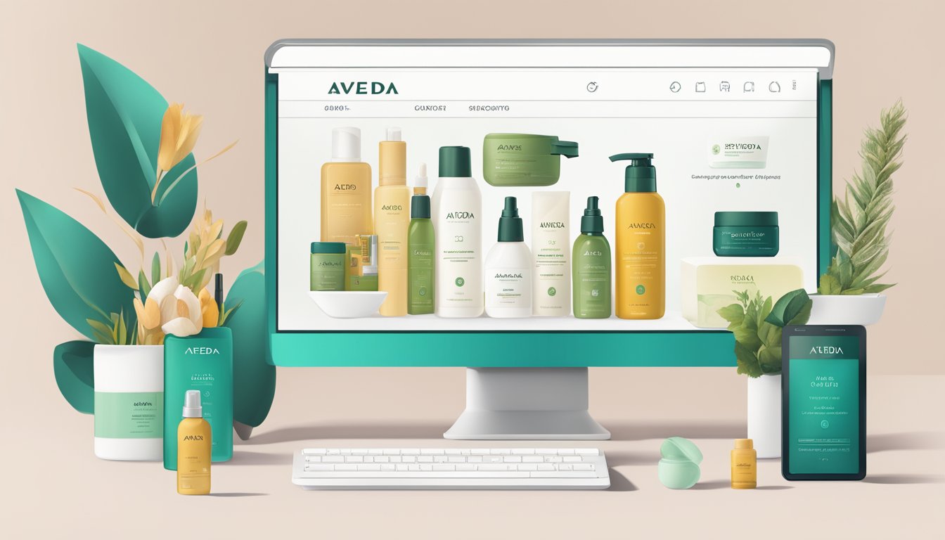 A computer screen displays the Aveda website with various products. A cursor hovers over the "Add to Cart" button, indicating online shopping