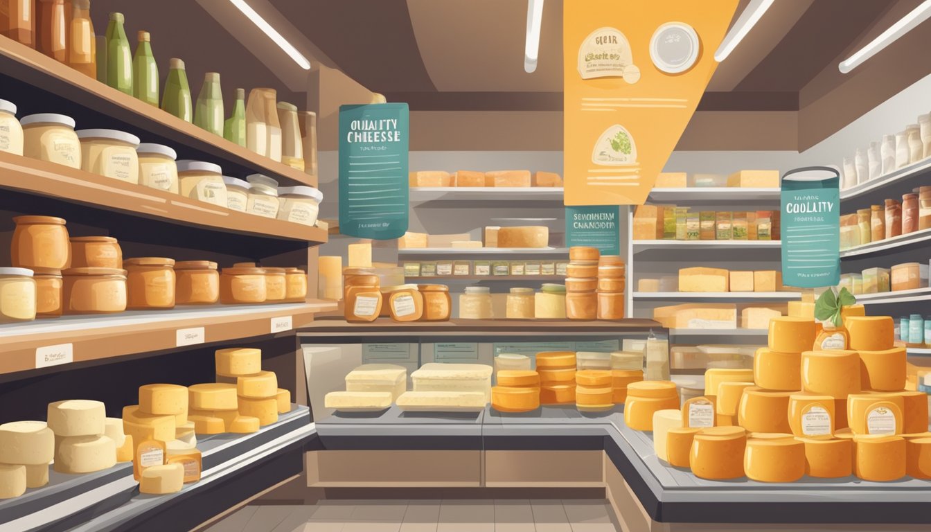 A display of various cheese sauces in a grocery store, with labels indicating quality and origin. Customers browsing and comparing products
