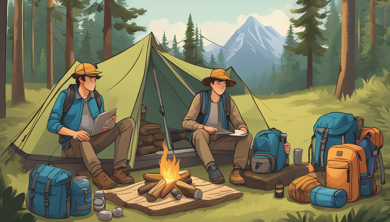 Family camping in a forest, with a tent, campfire, and hiking gear. A map and compass lay on a log, while a backpack and cooler sit nearby