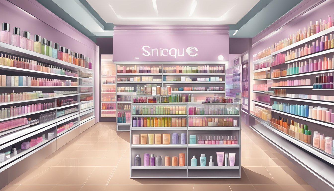 A bustling cosmetics store in Singapore displays Clinique products on sleek shelves and offers a wide selection to discerning shoppers