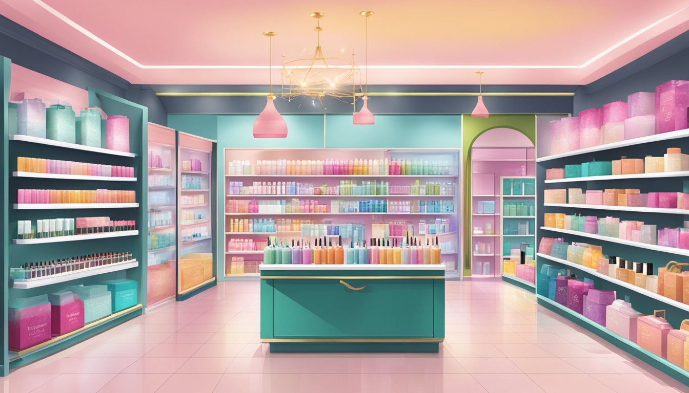 A bright and modern cosmetics store in Singapore displays shelves of Dear Dahlia products, with elegant packaging and vibrant colors