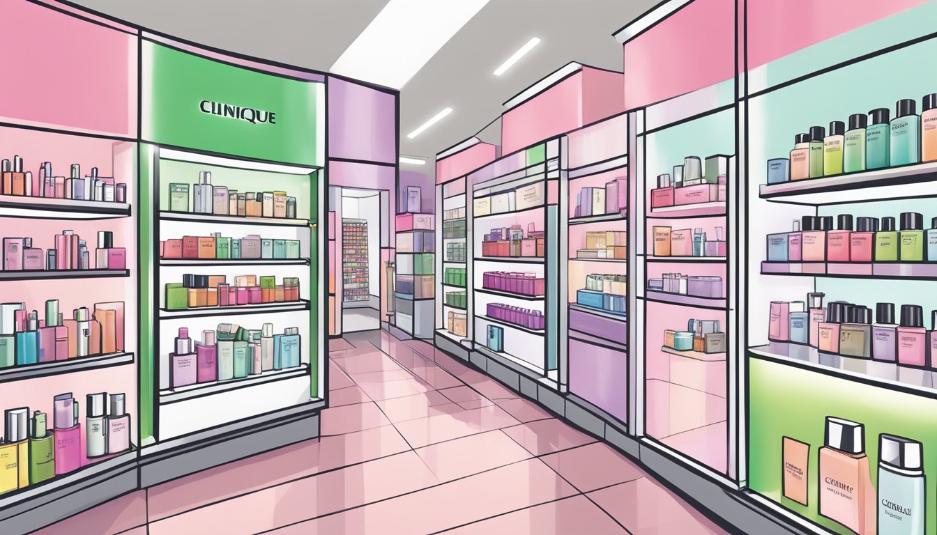 A display of Clinique beauty products in a Singaporean store. Bright lighting highlights the essential items, with clear signage indicating where to purchase