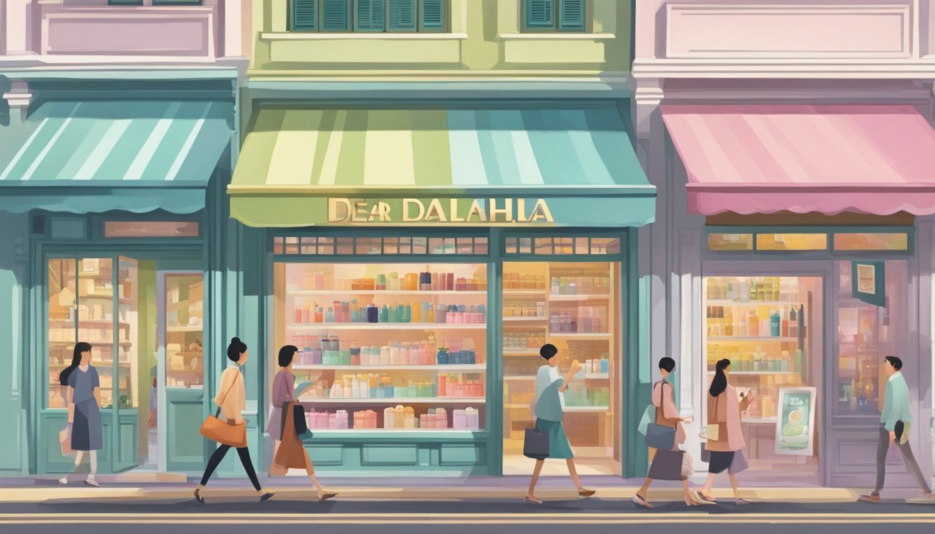 A bustling street in Singapore, with colorful storefronts and a prominent sign for "Dear Dahlia" cosmetics shop. Pedestrians pass by, some peering through the window at the elegant display of beauty products