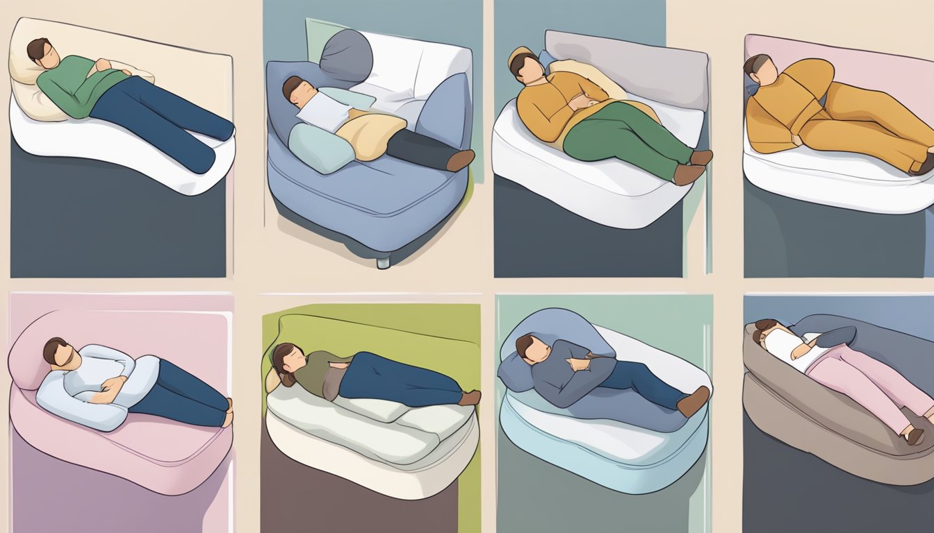 A person lying on a body pillow, surrounded by various options, testing each one for comfort and support