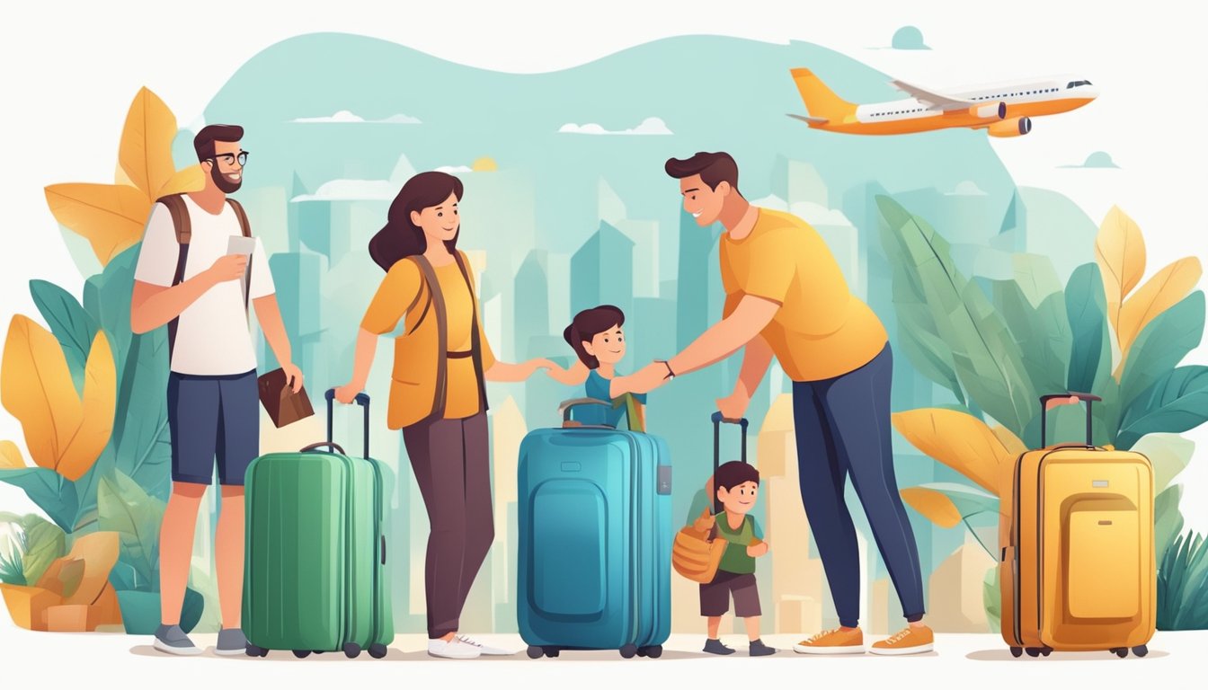 A family packs suitcases, searches for budget flights, and plans activities for international travel