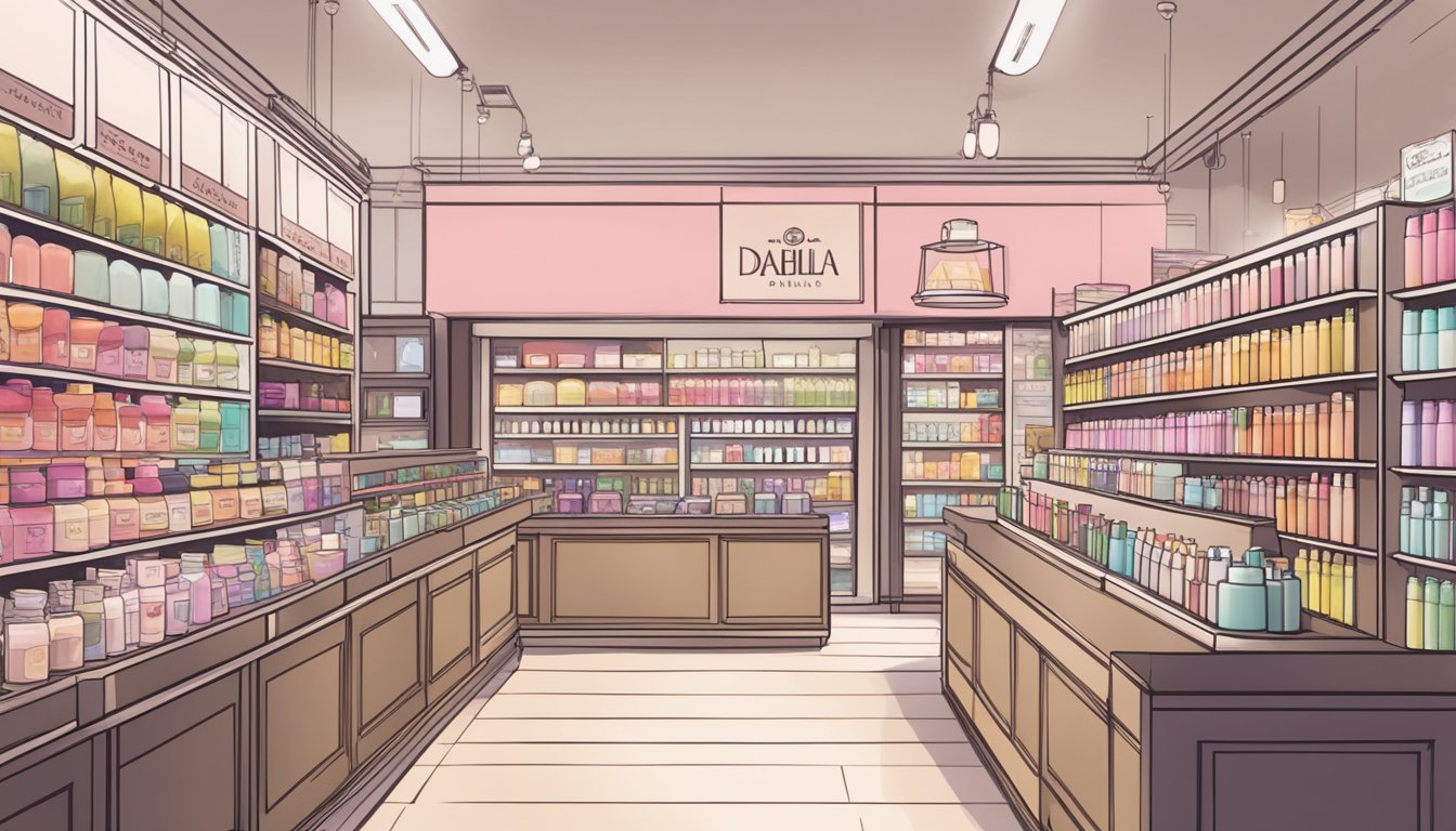 A sleek and modern beauty store in Singapore displays a wide array of Dear Dahlia products, with helpful staff assisting customers in making their seamless purchase