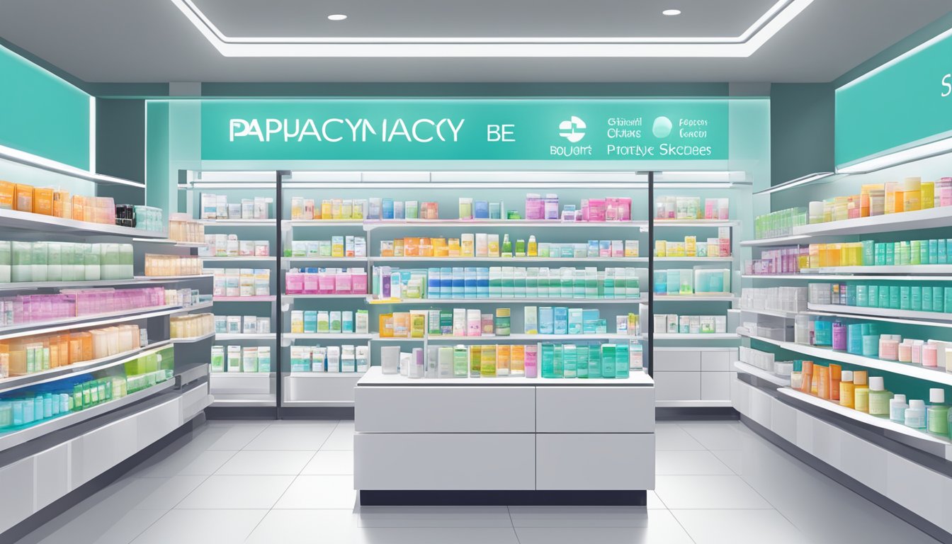 A bright, modern pharmacy in Singapore displays shelves stocked with Papulex skincare products