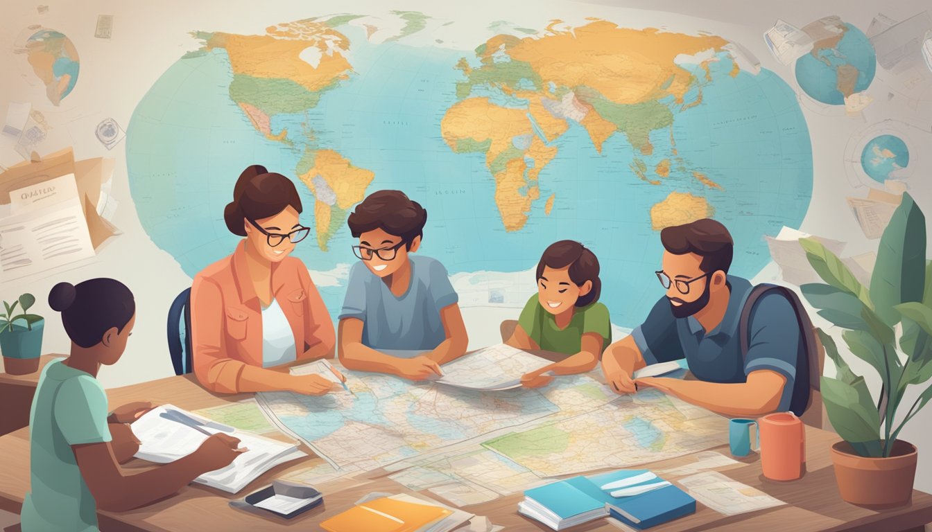 A family sitting around a map, planning a budget-friendly trip. Guidebooks and travel tips scattered on the table