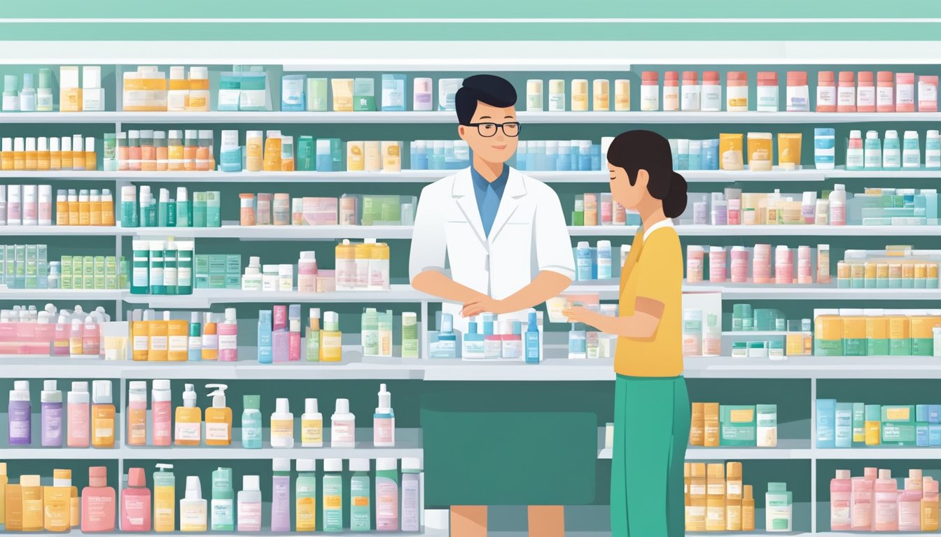 A bustling Singaporean pharmacy displays shelves stocked with Papulex skincare products. Customers browse the selection, while a helpful sales assistant offers guidance