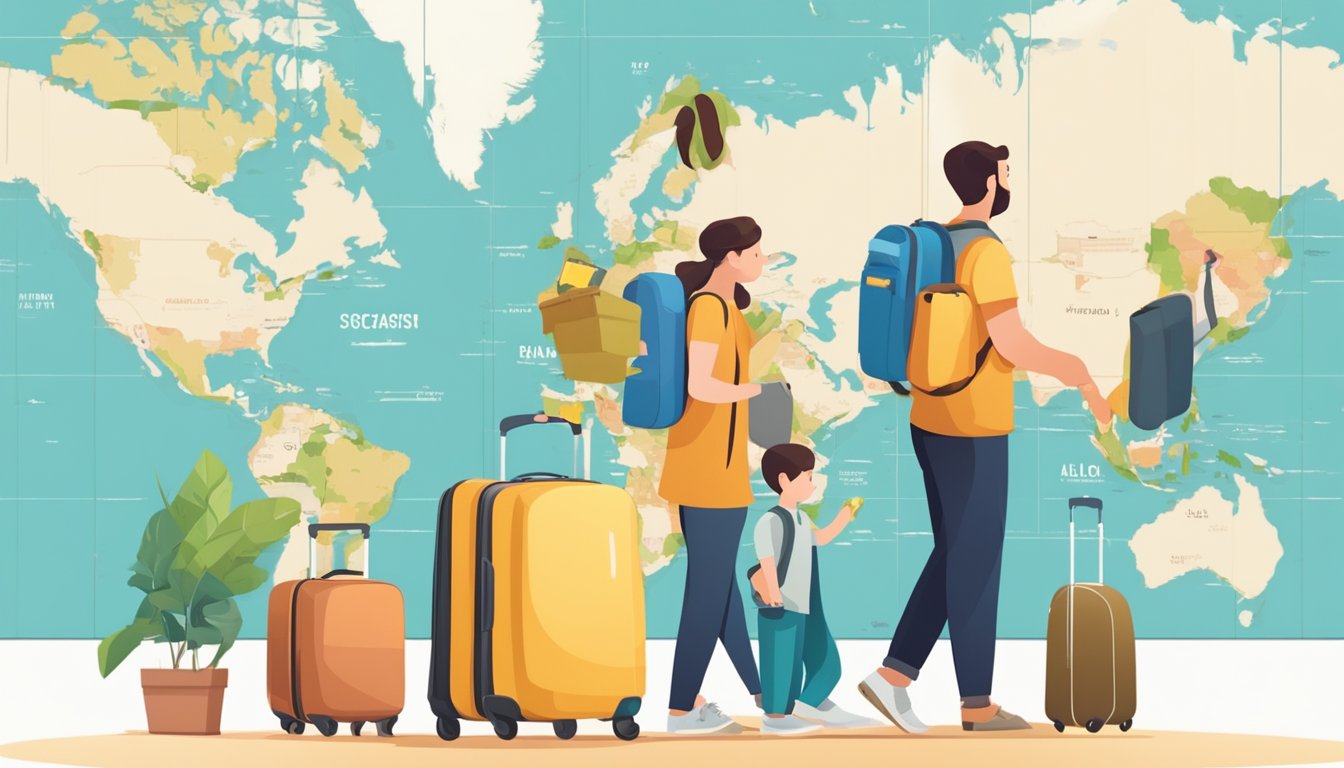 A family packs suitcases, searches for deals online, and plans activities on a world map