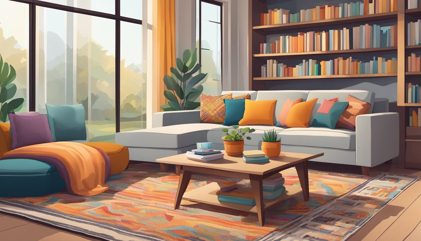 A cozy living room with a plush fabric sofa, surrounded by shelves of colorful throw pillows and a soft, patterned rug