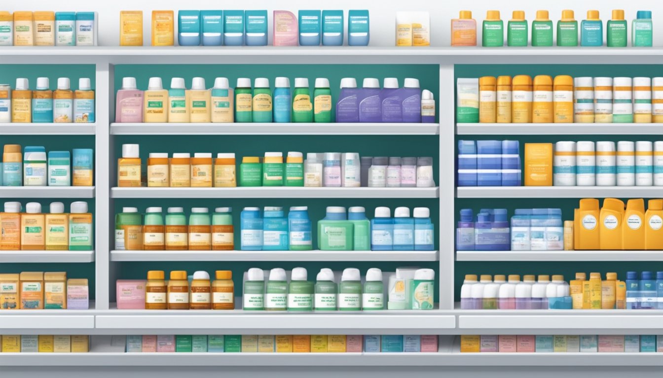 The product information and usage guidelines for Papulex are displayed on a shelf in a Singaporean pharmacy