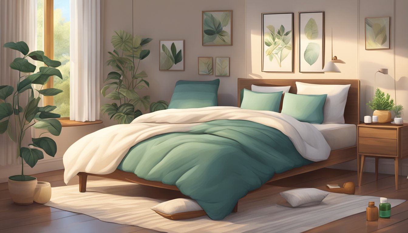 A cozy bedroom with a body pillow placed on a comfortable bed, surrounded by soothing essential oils and a warm cup of tea