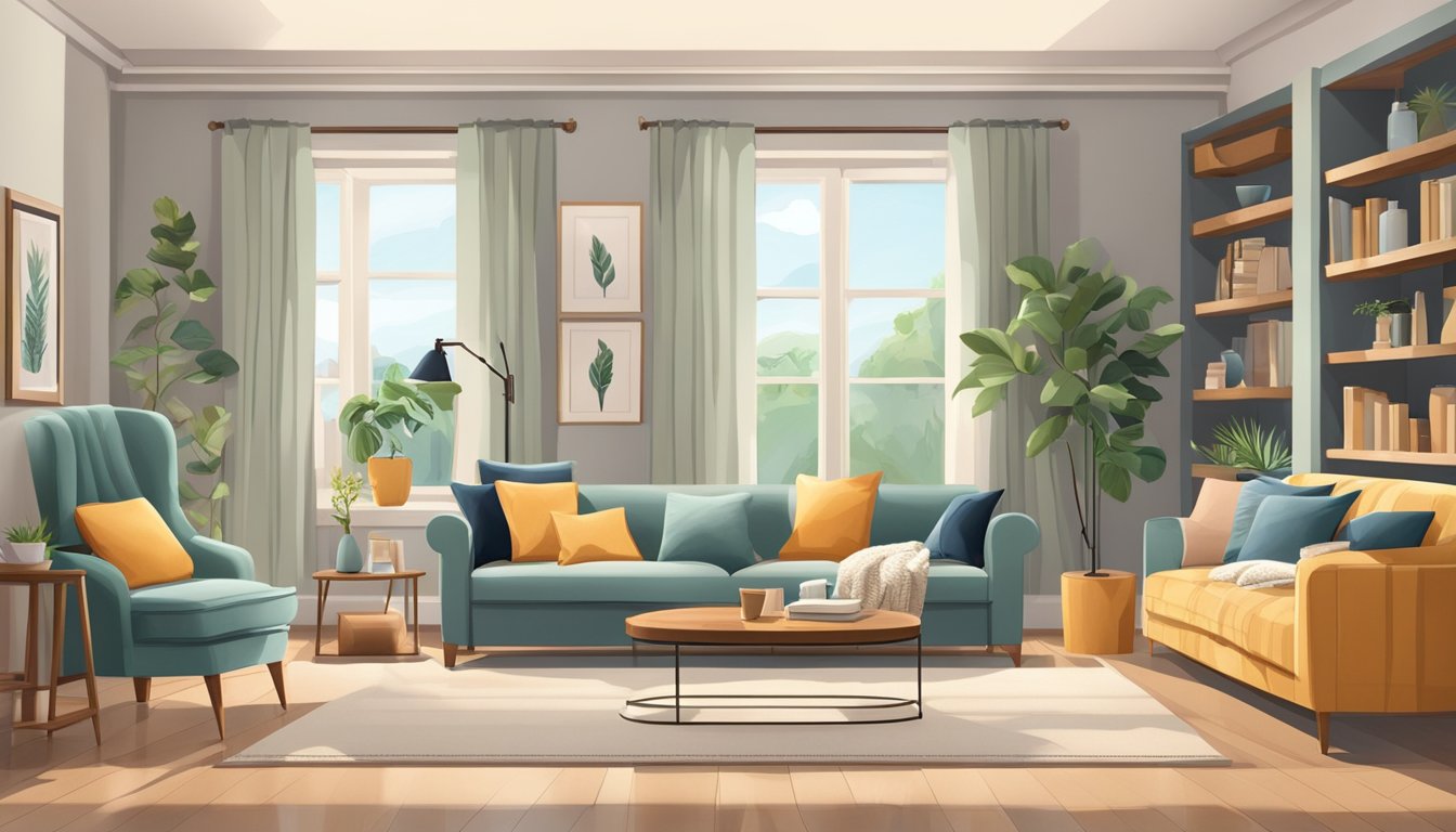 A cozy living room with a fabric sofa, surrounded by shelves of home decor and a large window letting in natural light