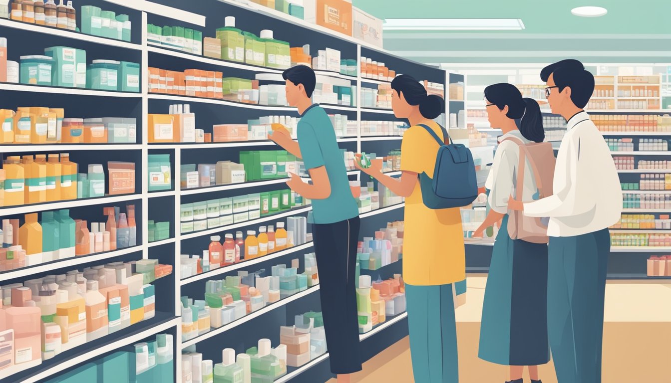 A bustling Singaporean pharmacy with shelves stocked with Papulex products, customers browsing, and a helpful staff member assisting a curious shopper