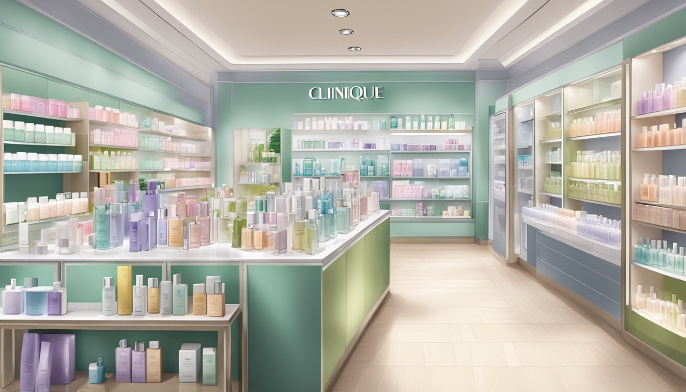A display of Clinique skincare and fragrance products in a Singaporean store