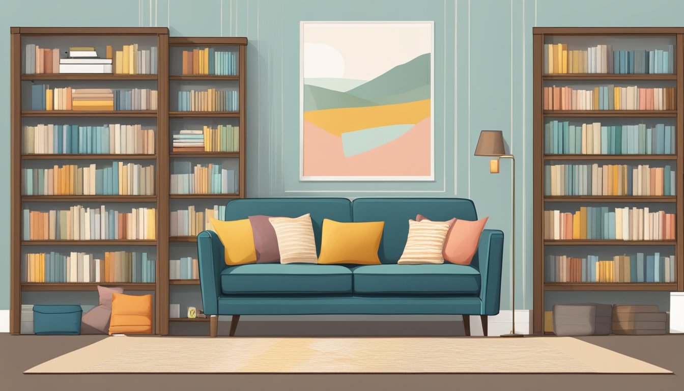 A cozy living room with a fabric sofa as the focal point, surrounded by shelves of fabric samples and a sign reading "Frequently Asked Questions: Where to buy fabric sofa in Singapore."