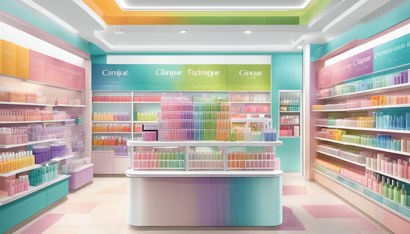 A colorful display of Clinique products in a Singaporean store, with a prominent "Frequently Asked Questions" sign