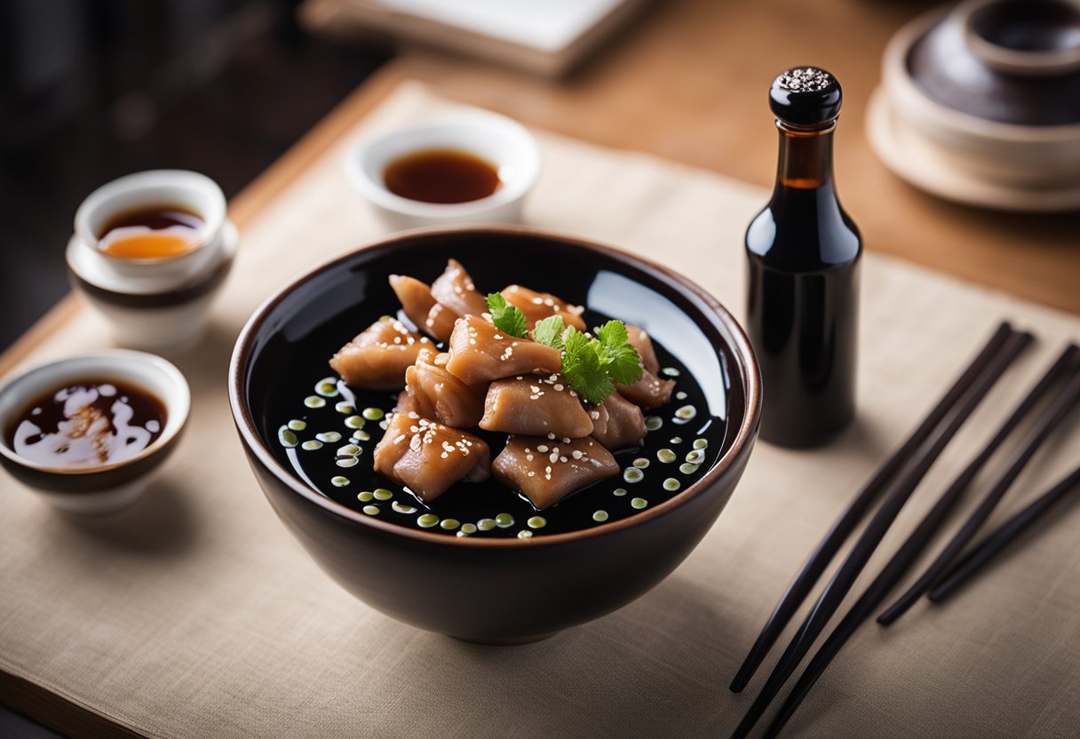 A table set with a bottle of Chinese black vinegar, a bowl of marinated pigs' feet, and chopsticks