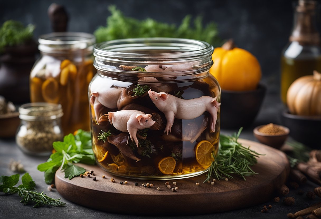 A large glass jar filled with dark, glossy pigs' feet submerged in a tangy, aromatic vinegar marinade. Surrounding it are various spices and herbs, giving off a strong, pungent aroma