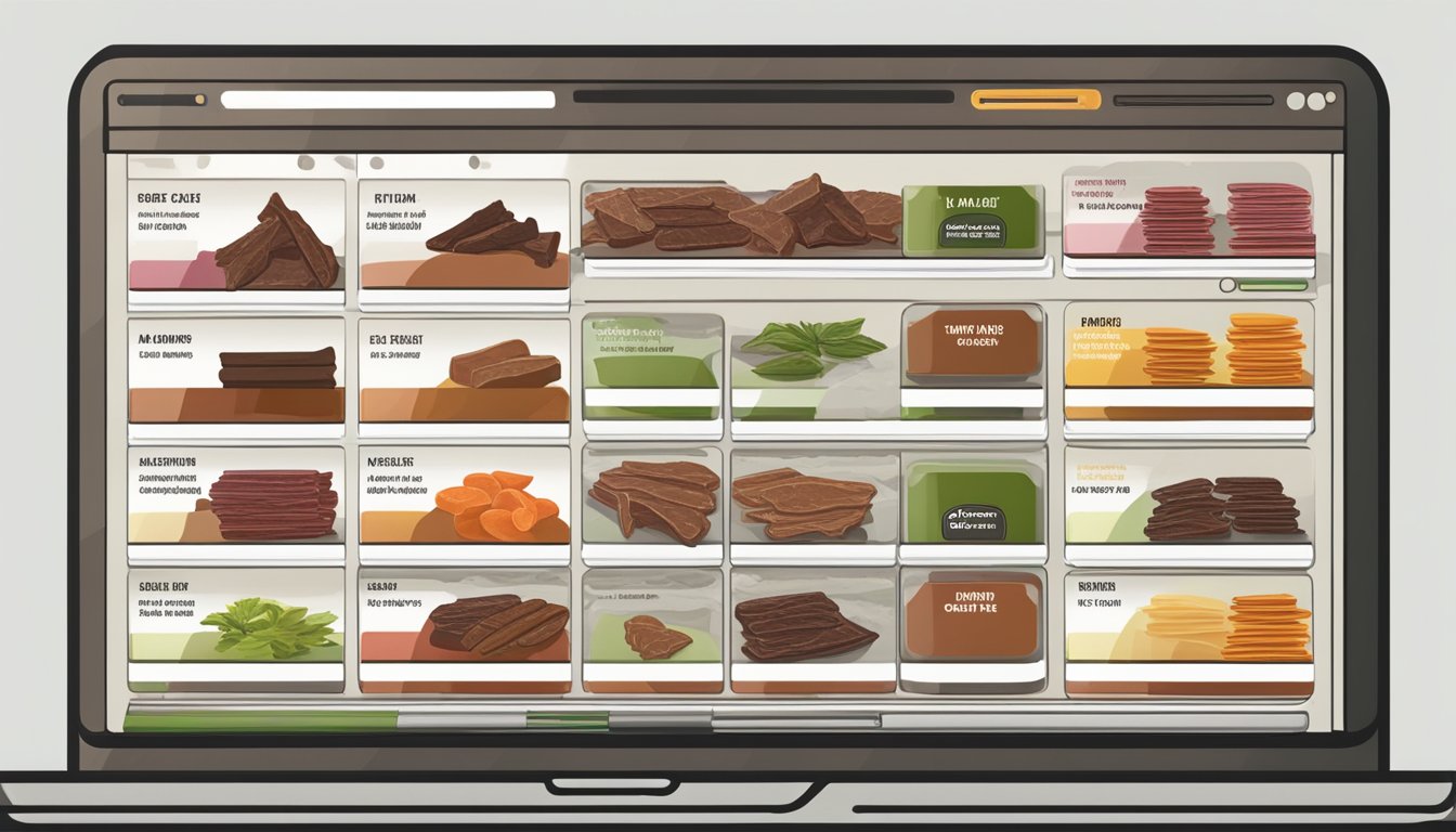 A computer screen displaying an online store with various flavors of beef jerky. Add to cart button highlighted