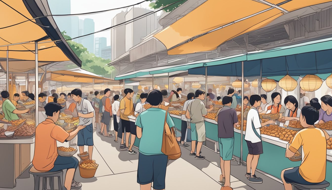 A bustling hawker center in Singapore, with vendors selling various versions of orh nee, surrounded by eager customers sampling the sweet yam paste dessert