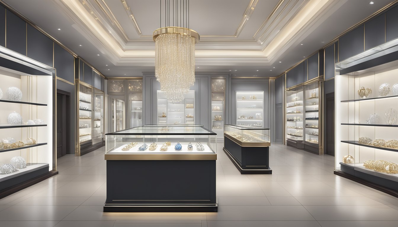 A luxurious jewelry store in Singapore displays a shimmering silver necklace in a glass case, surrounded by elegant lighting and minimalistic decor