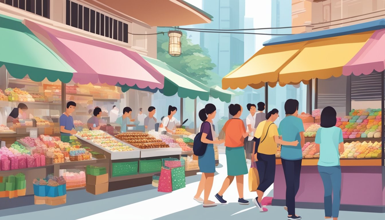 A bustling Singapore market with colorful stalls selling orh nee desserts, with customers eagerly asking vendors for the popular sweet treat