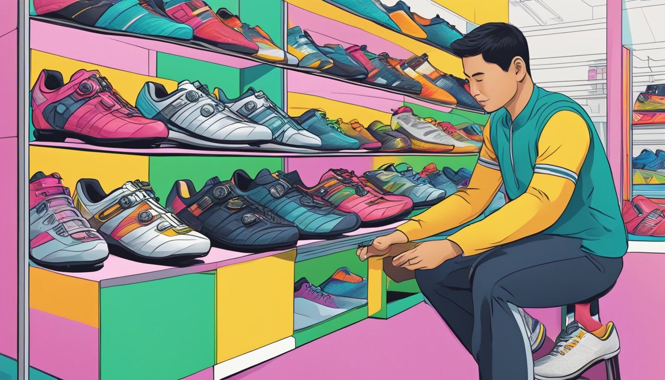 A cyclist purchases cycling shoes in a vibrant Singaporean shop