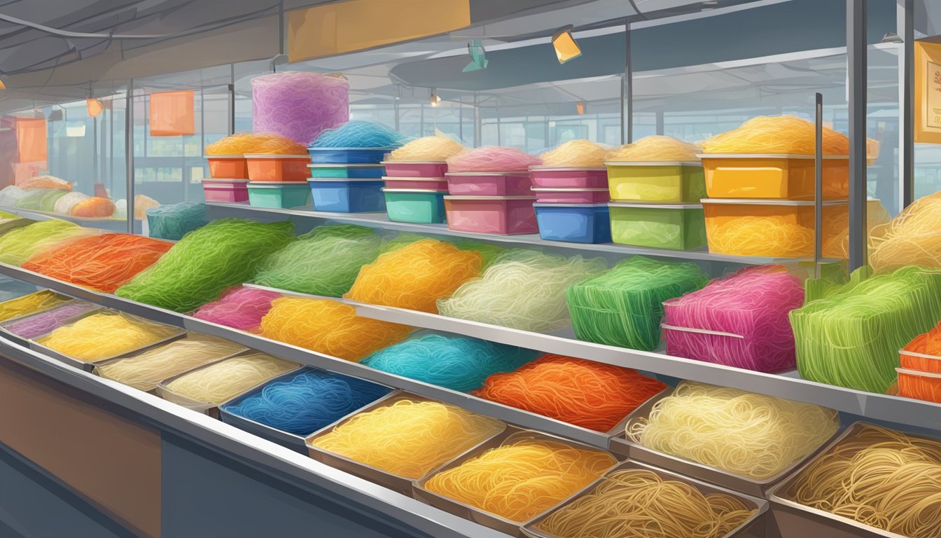 Glass noodles on display at a bustling market stall in Singapore. Brightly colored packaging and a variety of sizes and shapes available