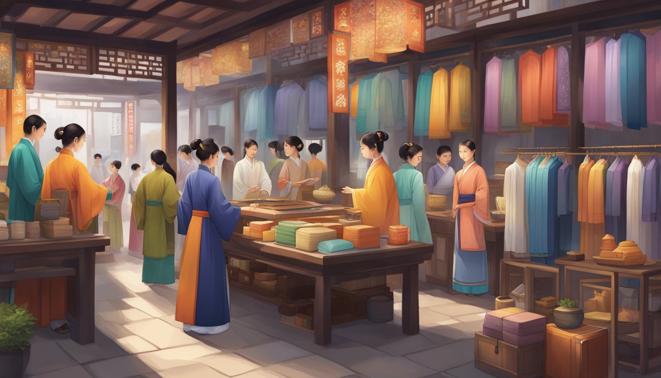 A traditional Chinese hanfu shop in Singapore, with colorful garments on display and customers browsing