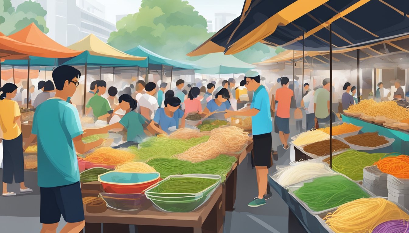 A bustling street market in Singapore, with colorful stalls selling various types of glass noodles. Vendors are busy serving customers and the aroma of sizzling noodles fills the air