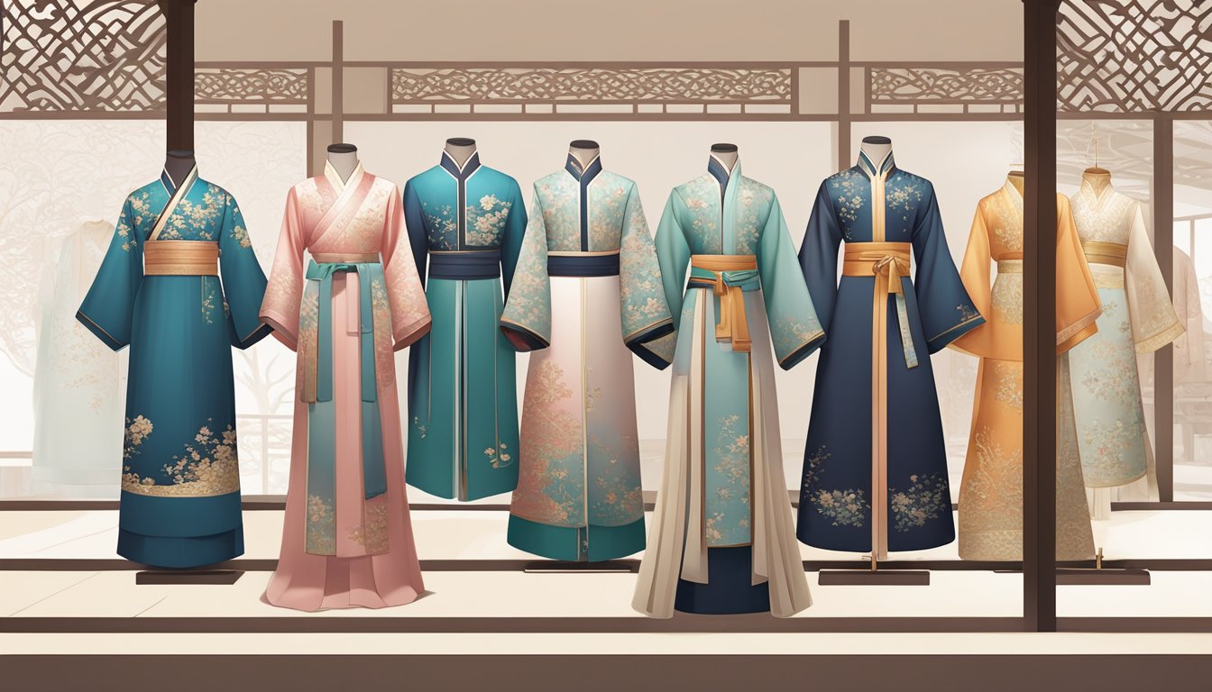 A colorful display of traditional Hanfu garments in a Singaporean boutique, with intricate embroidery and delicate fabrics on full view