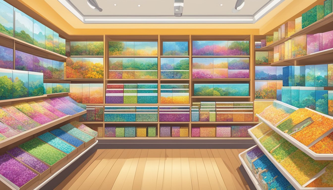 A colorful display of jigsaw puzzles in various sizes and themes, neatly arranged on shelves in a bright and inviting shop in Singapore